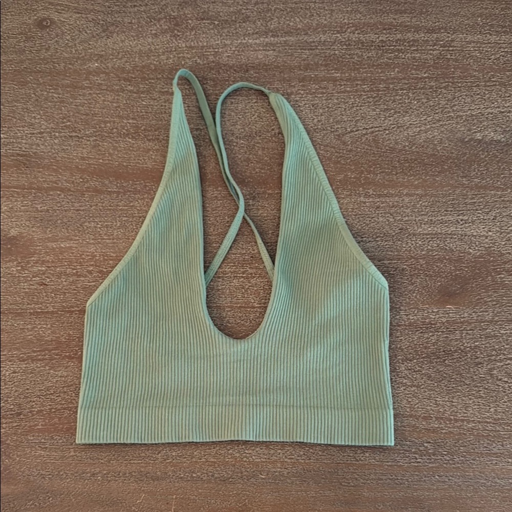 Free People Green Ribbed scoop neck top